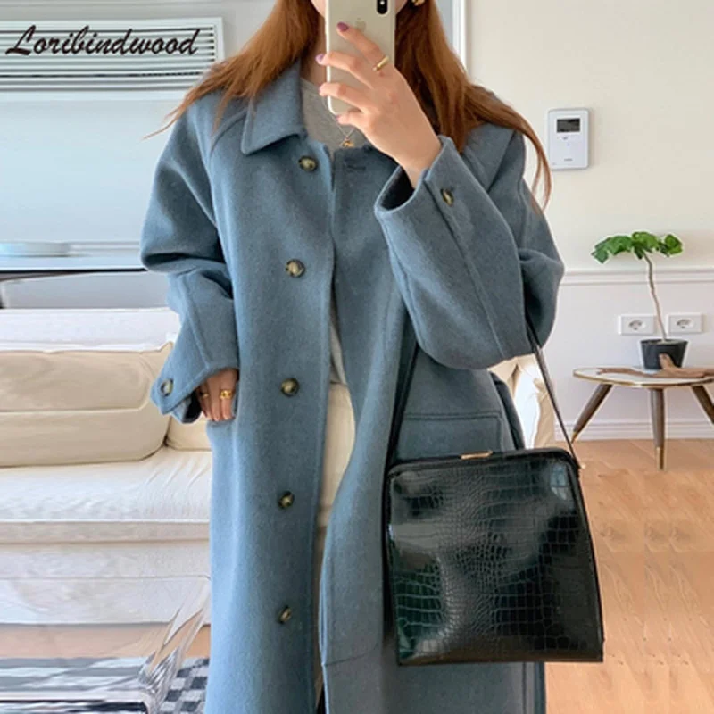 

Loribindwood/осень-зима 2021, модное, новое, темпераментное, универсальное, корейское, шикарное, голубое, свободное, шерстяное пальто средней длины