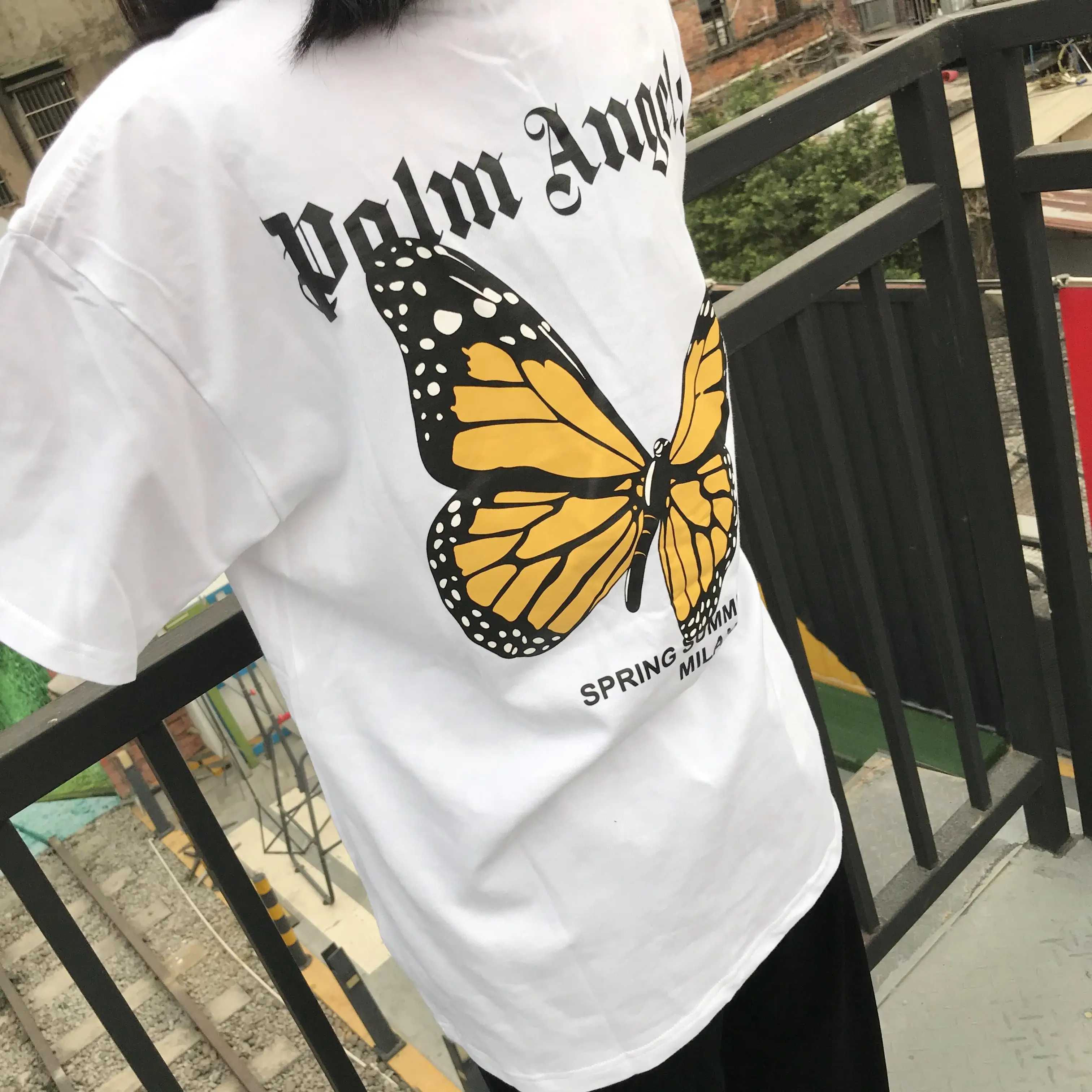 

New Palm Angels back big butterfly letter printing men women short-sleeved round neck T-shirt 54854