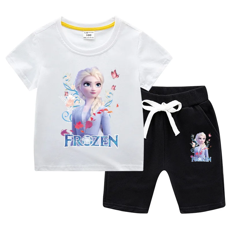 

Summer Teenagers Girls Tracksuits Pretty Frozen Elsa Princess Shirt&printing Shorts Two Piecelittle Children Sport Clothing Set