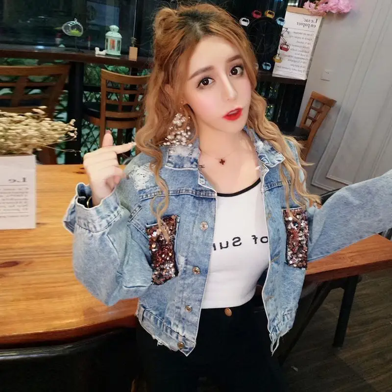 

Denim Jacket New Spring and Autumn Fashion Wild Loose Sequins Popular Ripped Short Denim Jacket Female Tide Butterfly Top