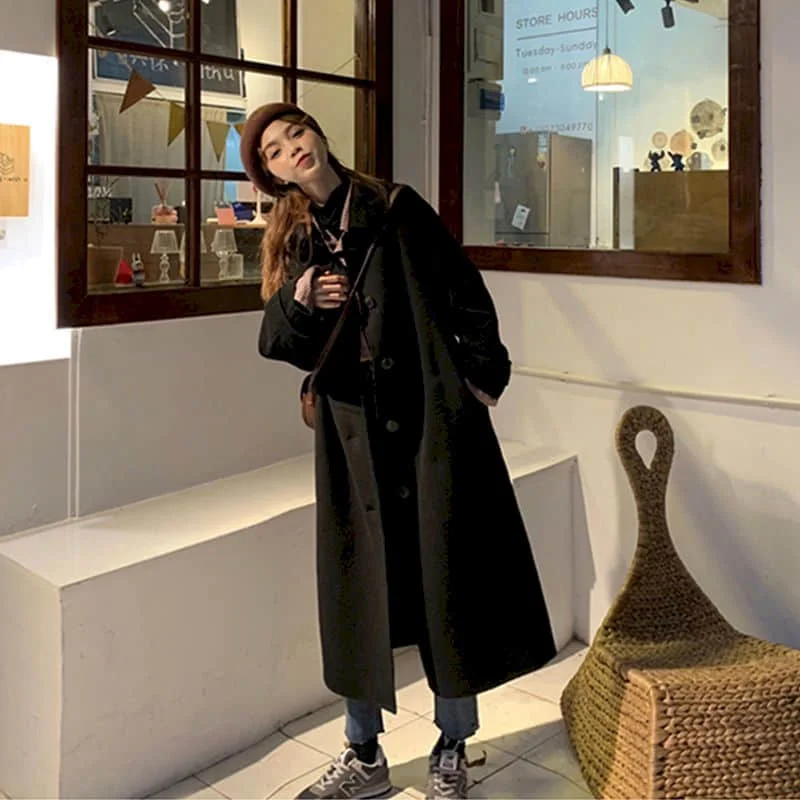 Женское шерстяное пальто Черное короткое средней длины в японском стиле