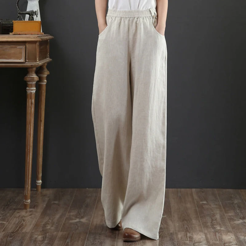 

Women Cotton Linen Casual Trousers New 2021 Vintage Style Solid Color Loose Comfortable Feamle High Waist Wide Leg Pants FC931