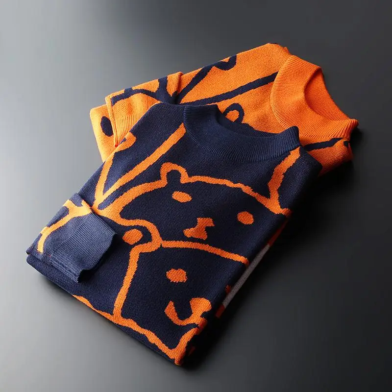 

Mens Autumn Casual Sweaters Polar Bear Pattern Trendy Slim Sweaters Cotton Long Sleeve Round Collar Male Warm Pullovers Orange
