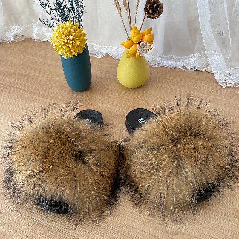 

Factory Direct Wholesale fur slides womens racoon fur slippers fur