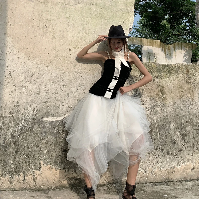 LANMREM одноцветная неровная многослойная сетчатая элегантная свободная Женская