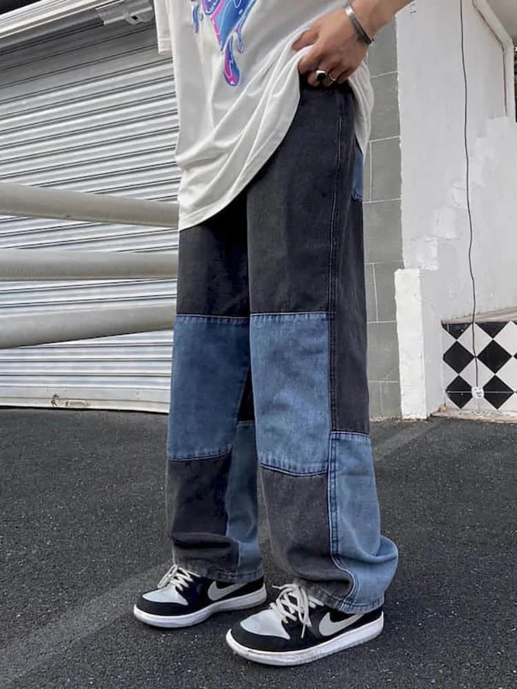

New Autumn Spring Harajuku Jeans Men's Straight Pants Vintage Patchworked Wide Leg Pants Loose Punk Trousers Streetwear