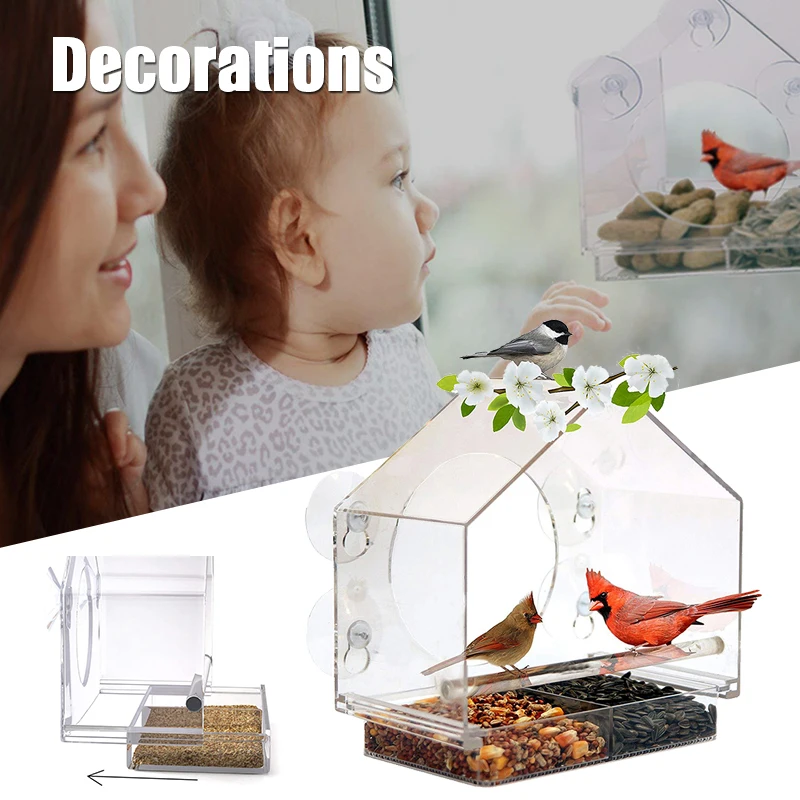 

Acrylic Squirrel Proof Clear Window Birds Feeder with Strong Suction Cups and Sliding Seed Tray K888