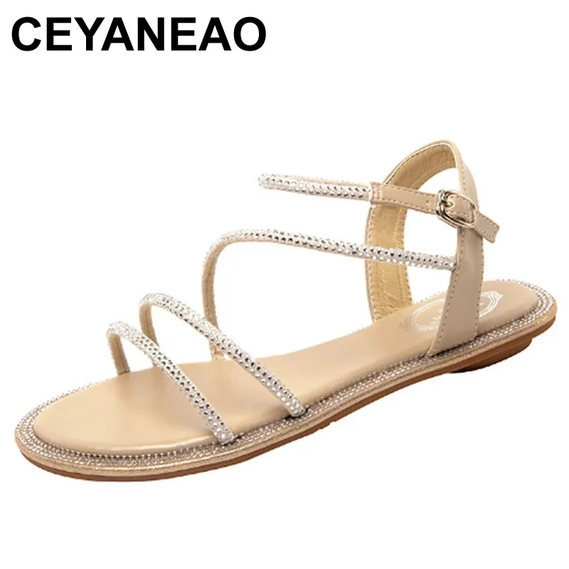 

CEYANEAO женские босоножки с круглым носком Стразы Металлические Блестящие женские сандалии модная обувь, украшенная стразами, с открытым носк...