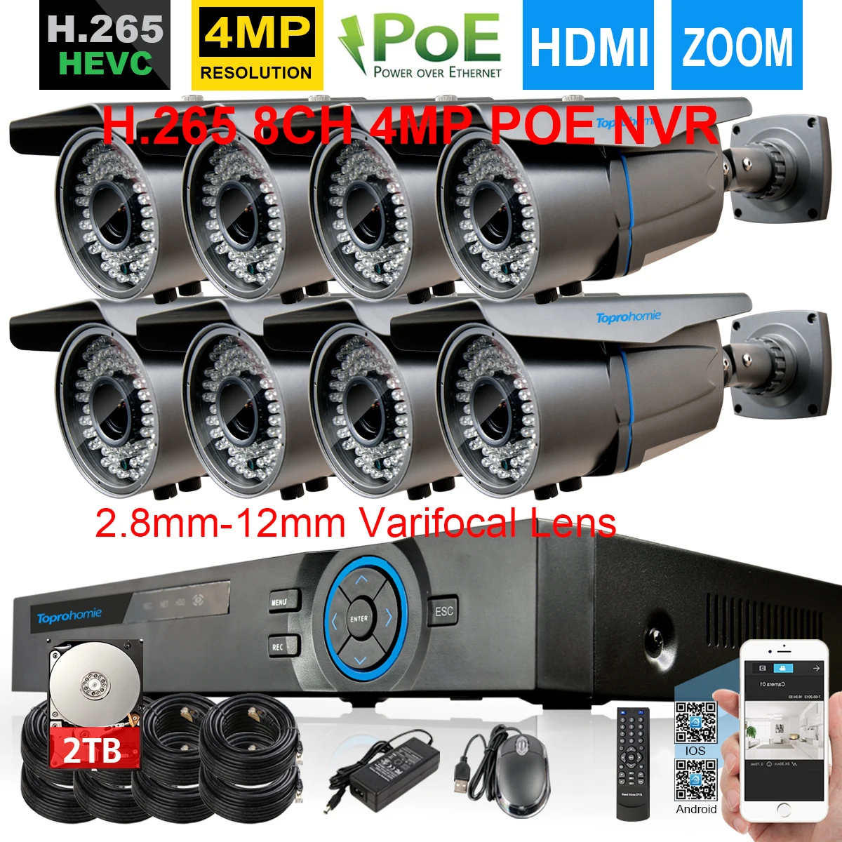 Toprohomie H.265+ 8CH NVR Системы 5MP POE NVR kit 4MP IP66 Водонепроницаемый 2,8 мм-12 мм с переменным фокусным расстоянием POE IP Камера 8CH комплект видеонаблюдения 4T