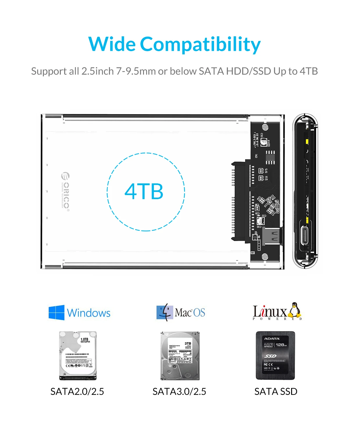 ORICO HDD чехол 2,5 дюймов прозрачный SATA для USB 3,0 3,1 чехол для жесткого диска 5 Гбит/с 4 ТБ UASP type C корпус SSD, HDD 10 Гбит/с