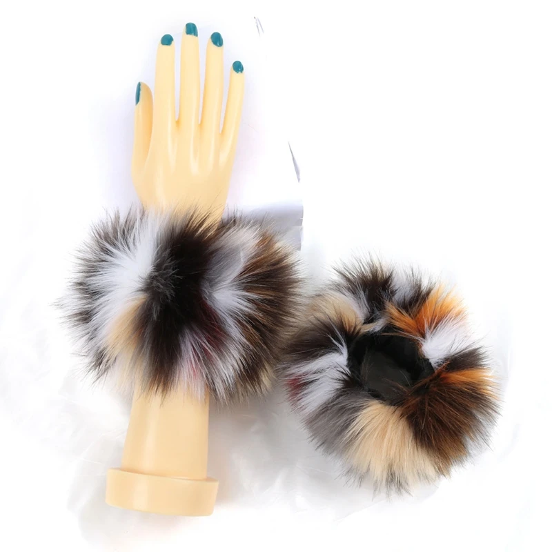 

Women Winter Thicken Furry Wrist Cuffs Rainbow Colorful Arm Warmers Bands Fluffy Wristband Bracelet Fake Sleeves Party Costume A