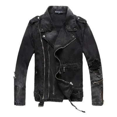 Fashion Men's Denim Jacket Black Zipper Multi Bag Punk Motorcycle Jeans 478009 | Мужская одежда