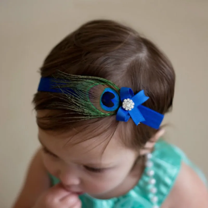 Детская повязка на голову с павлиньими перьями Стразы Принцесса эластичная для