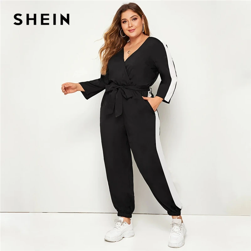SHEIN плюс размер цветной блок Surplice передний комбинезон с поясом женский весенне-осенний Повседневный v-образный вырез длинный рукав спортивные длинные Комбинезоны