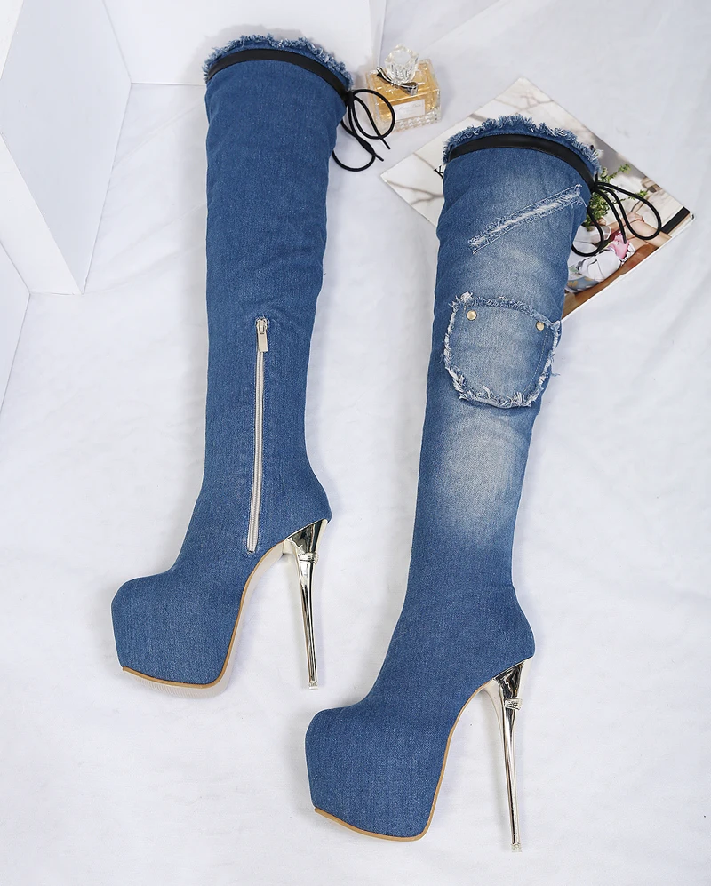 Bottines Femme/женская зимняя обувь; синие джинсовые сапоги выше колена; женские модные высокие сапоги; сапоги на платформе и каблуке 16 см; женские сапоги на высоком каблуке