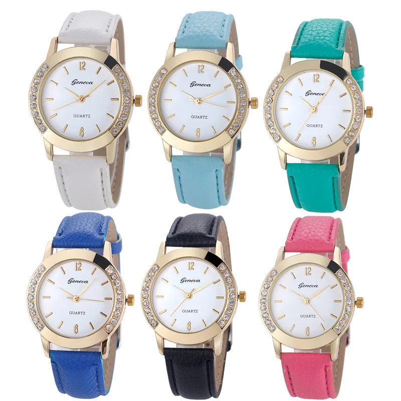 

drop ship New Geneva Fashion Women Diamond Analog Leather Quartz Wrist Watch Watches