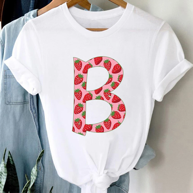 

Women Clothing 2021 Custom Letter A B C T-shirts Strawberry graphic tshirt Fashion Top Female Short Sleeve Femme Summer T-shirt