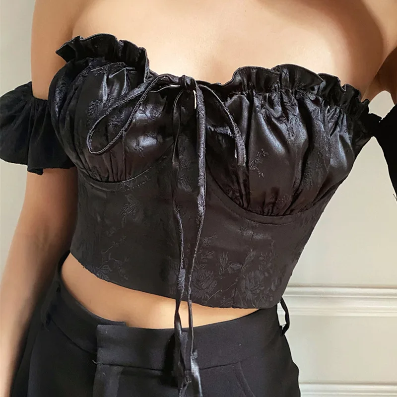 

Женские винтажные топы с оборками Goth, черные летние футболки с коротким рукавом, сексуальные кружевные укороченные топы с бантом, уличная о...