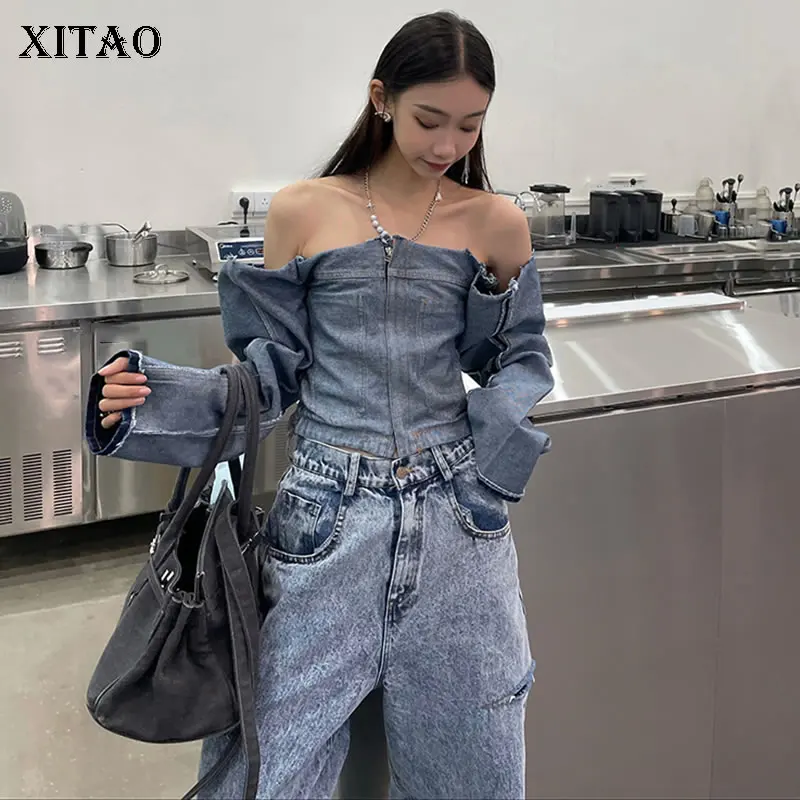 

XITAO Patchwork Casual Shirt Women Trendy Fashion New Style Slash Neck Collar Sexy 2021 Autumn Personality Short Top WLD6485
