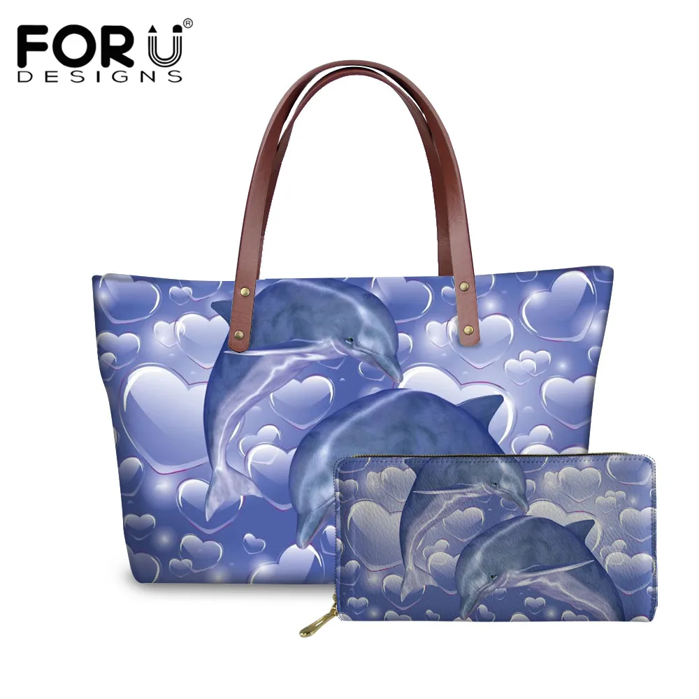 

FORUDESIGNS Cute Dolphin Printing Handbag for Ladies Casual Portable Shoulder Bag Large Capacity Female Tote Bag 2pcs Set Bolsa