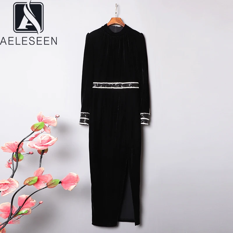 AELESEEN подиумное модное осенне зимнее платье женское черное бархатное с длинным