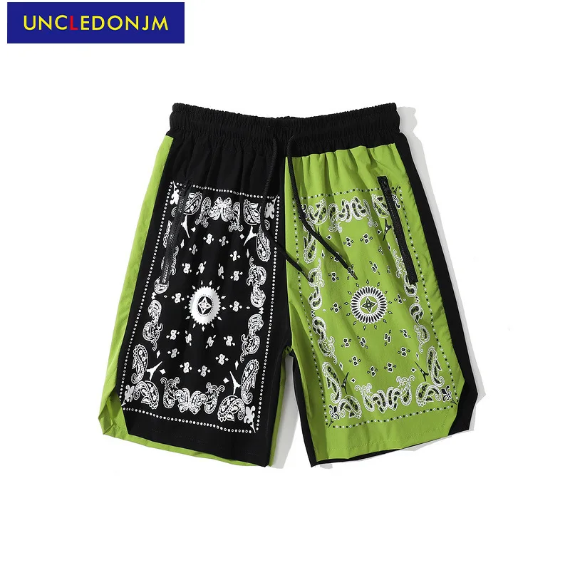 

UNCLEDONJM Cashew flower stitching contrast hip hop shorts High Street designer shorts men punk pants summer Knee Length DK06