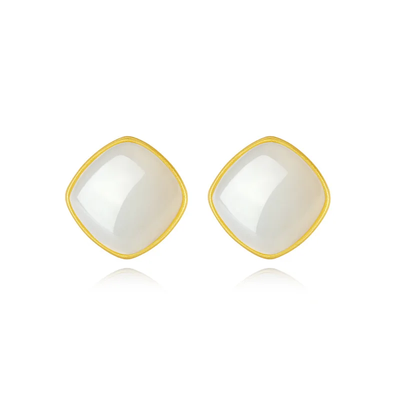 

S925 sterling silver inlaid Hetian jade Qinghai natural simple and fresh women's Mother's Day earrings wholesale
