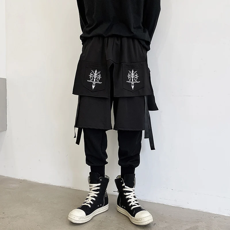 

Hight Street Men's Trendy Culottes Hairstylist Fake TWo Pieces Cargo Pants Trousers Skinny Layered Pencil Jogger