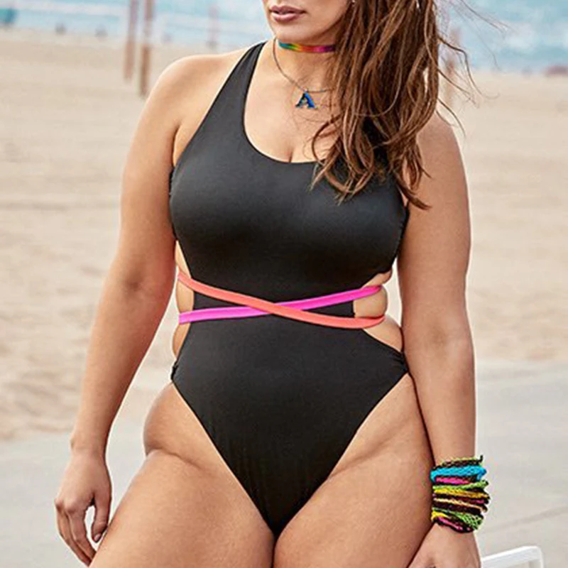 

Women Large Size Swimsuit Sexy Bandage Backless High Cut Bikini New Black Hollow Out Swimwear Female Biquini Bathing Suit XL-4XL