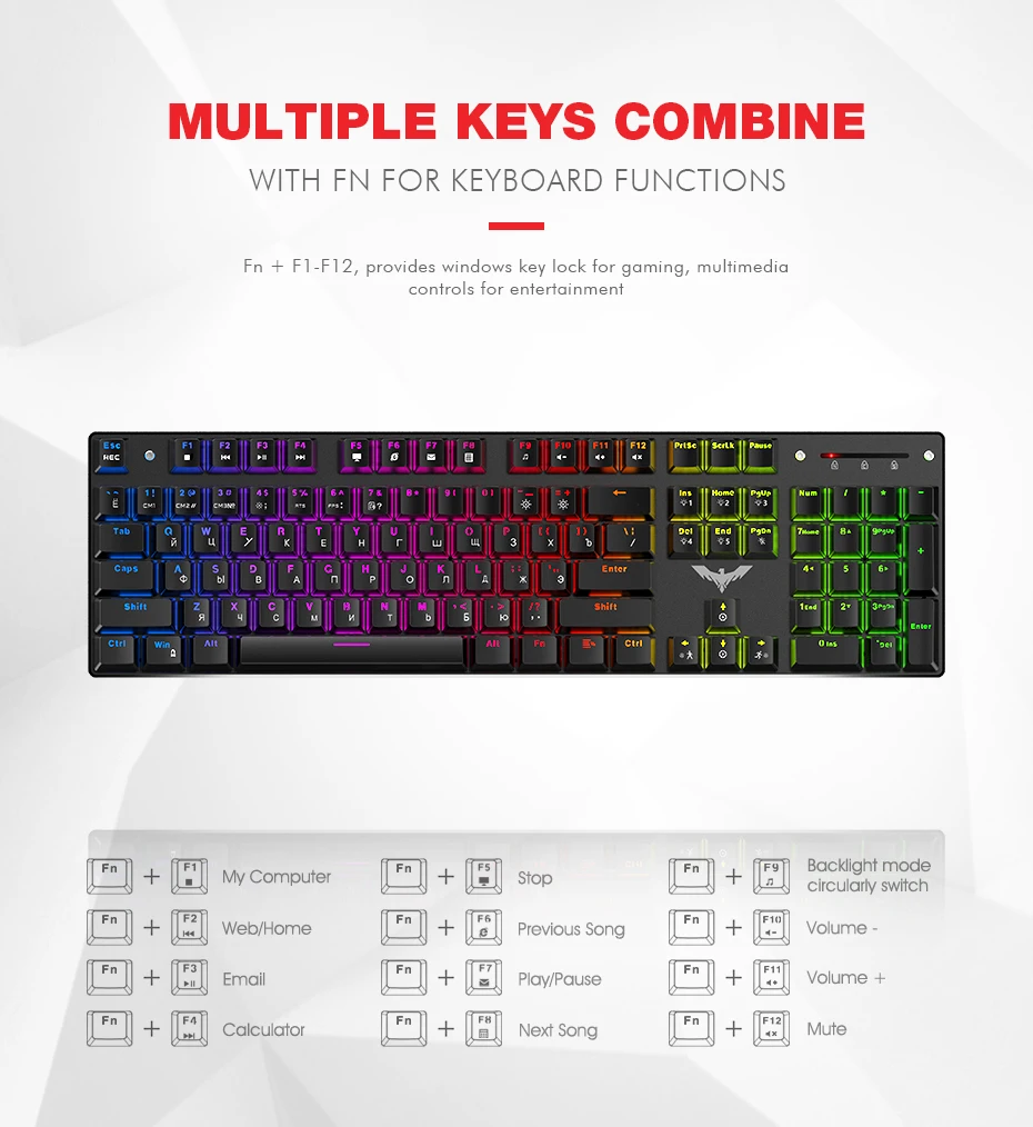 HAVIT Mechanical Gaming Keyboard with Blue or Red Switch, 87/104 Keys, for Tablet Desktop with Russian Sticker image 4