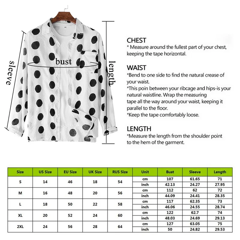 

Men Slim Big Polka Dot Print Long Sleeve Shirts Business Fitness Leisure Lapel Neck Buttons Tops Camisas Hombre
