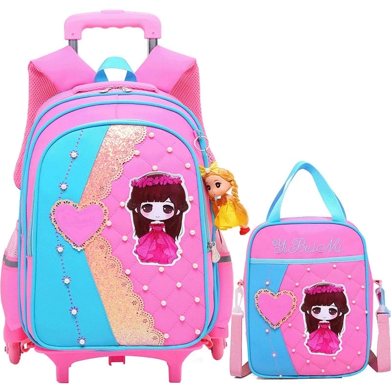 Школьные портфели на колесиках для девочек-подростков, Детские водонепроницаемые школьные рюкзаки для книг с мультипликационным рисунком,...