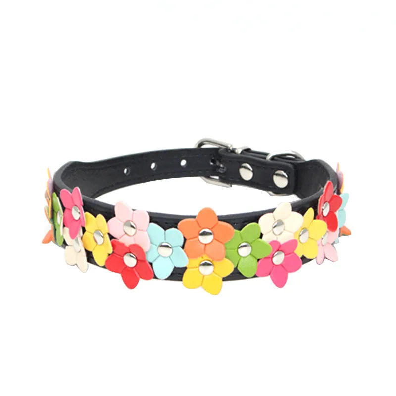 

Multicolor Double Row Flowers Dog Collar Adjustable Neck Strap Ring Artificial PU Material Fashion Safety Pet Accessories Supply