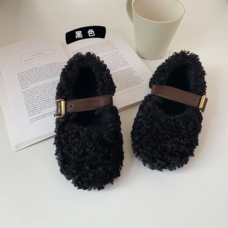 Пушистая обувь на плоской подошве для девочек детская хлопковая теплая осень и