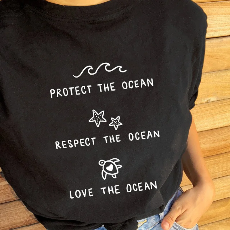 Женская футболка с рисунком надписью Love The Ocean | одежда