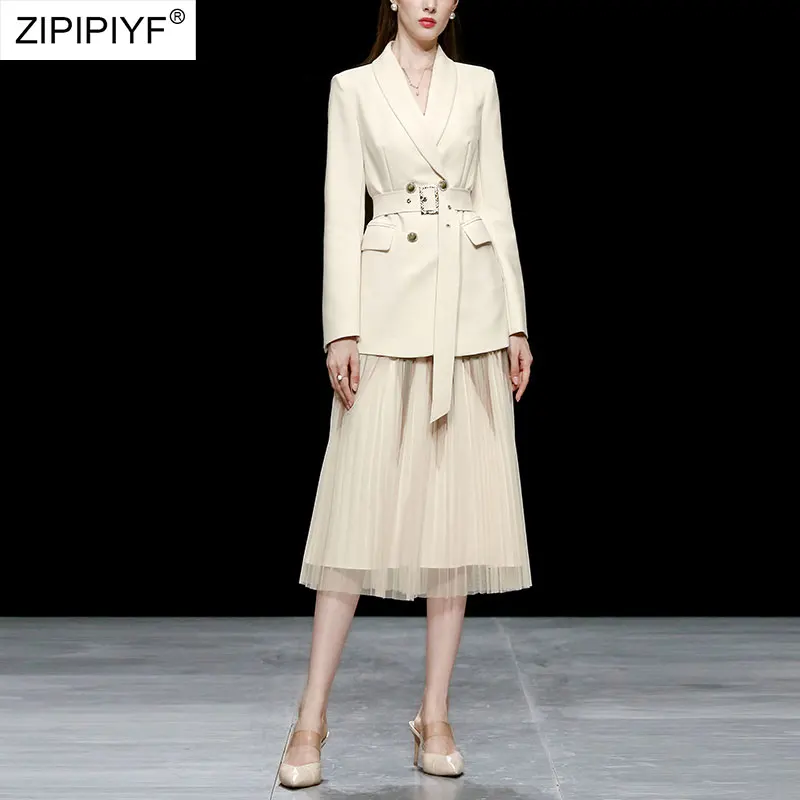 

2021 Summer Runway Fashion Elegant Women Double-Breasted Long Sleeve Turn Down Neck Blazers High Waist Ball Gown Dresses Z430