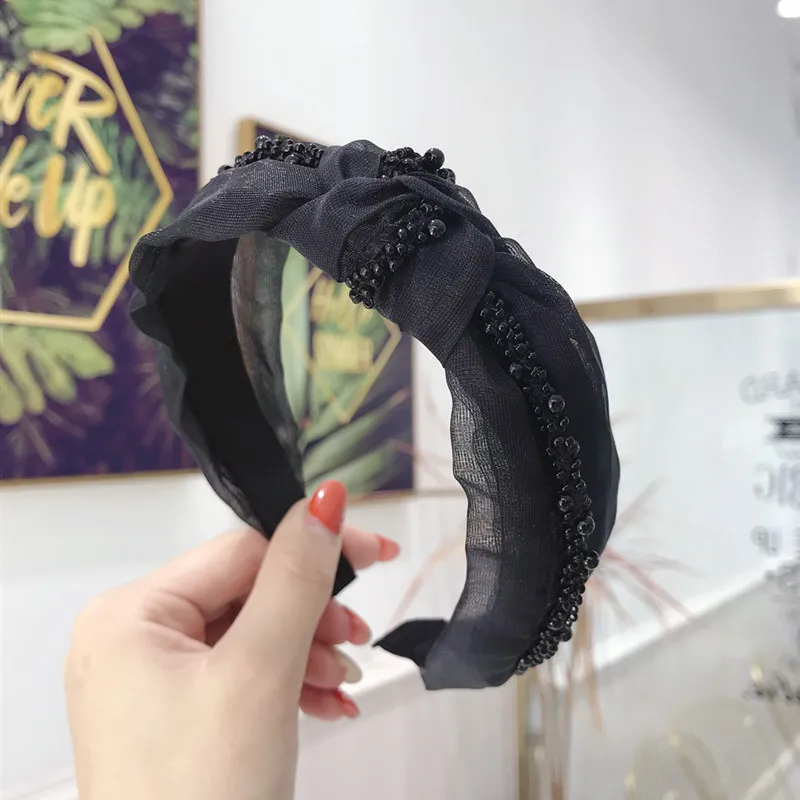 Корейские модные женские жемчужные бусы пряжа средняя завязанная лента для волос Твердые аксессуары для волос повязка-корона для девочек банты для волос - Цвет: Black