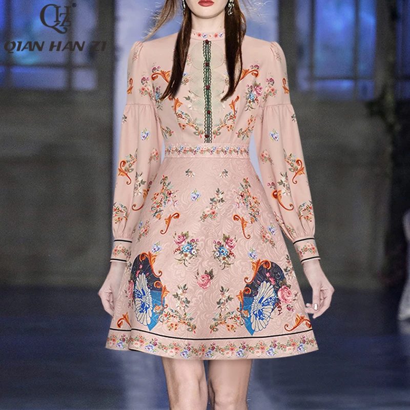 

Qian Han Zi fashion vintage runway dress Elegant print lantern sleeves Slim Applique Jacquard A-LINE Dress Women Spring Autumn
