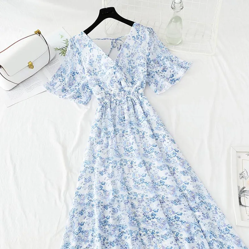 

2021 Summer Dress Women's Short sleeve Chiffon Dress V-neck Elastic Waist Floral Print Beach Long Dresses Backless Sexy Vestidos