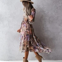 beautiful dress elastic waist polyester floral print v neck long shirt dress long skirt vestido