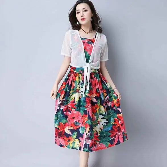 Женский летний кардиган хлопковое льняное платье 2 предмета Ретро стиль длинные