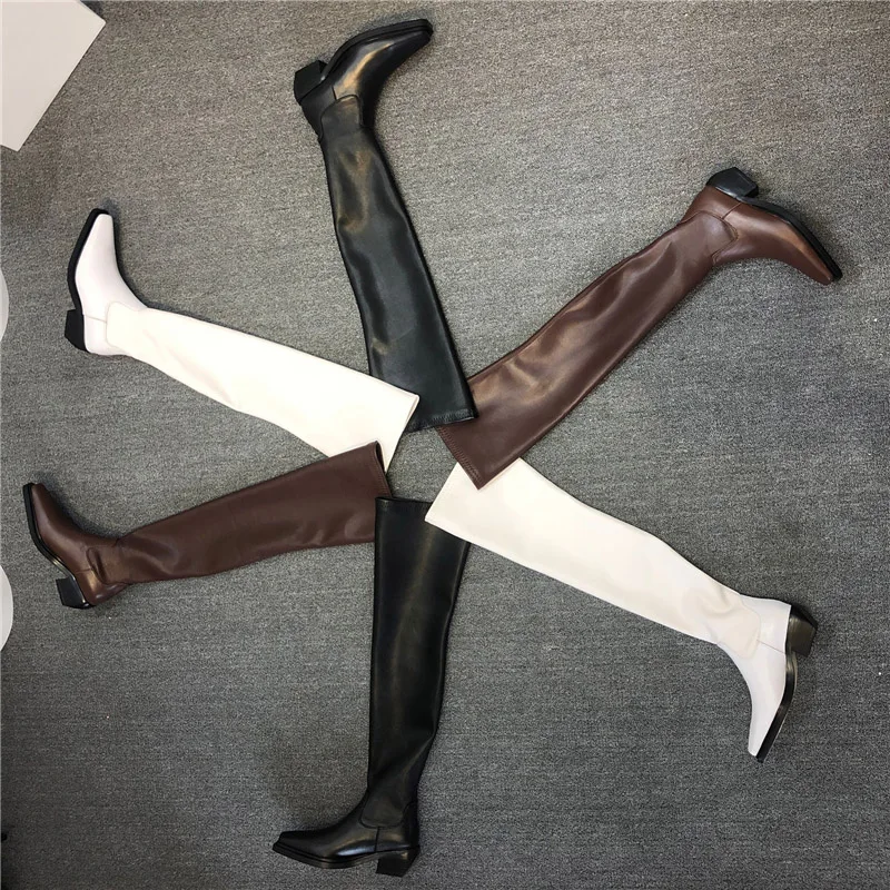 

Black Real Leather Over The Knee Boots Women Square Toe High Heel Boots Female Stretch Knight Boots
