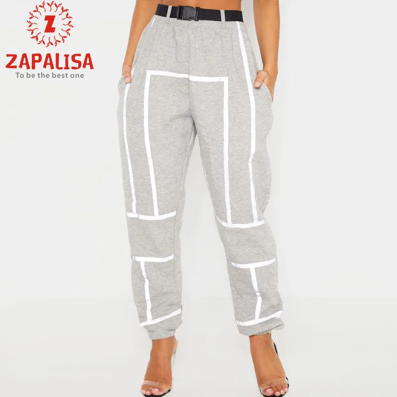 Женские спортивные брюки в стиле Харадзюку Zapalisa серые Светоотражающие полоску с