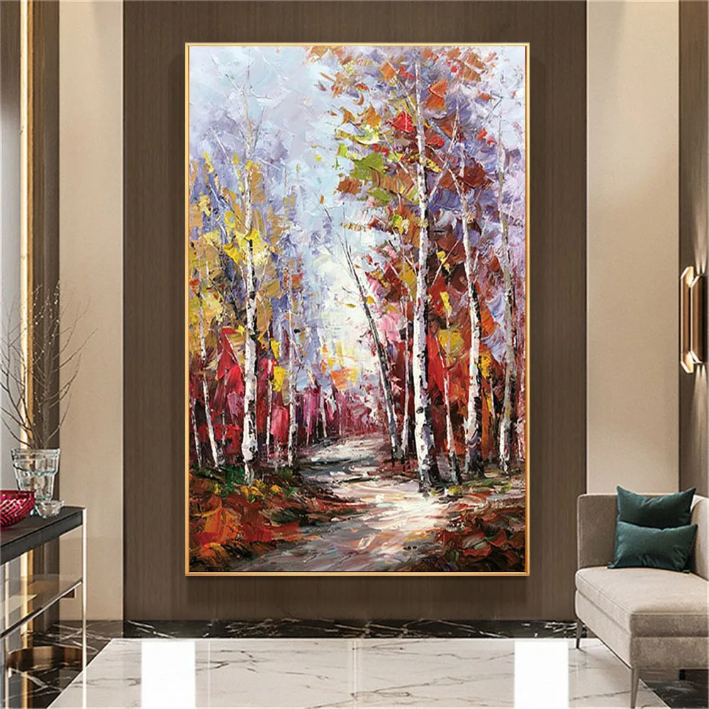 

100% Hand-painted oil painting modern abstract knife painting forest birch tree canvas painting living room decor porch wall art