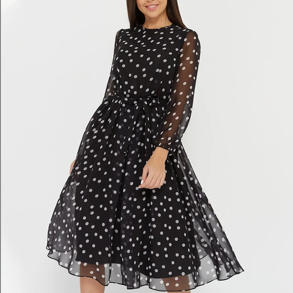 

Long Sleeve Vintage Dot Printing Women Spring Chiffon Dress Summer Fashion Casual Dress Boho Beach Women A-line Vestidos