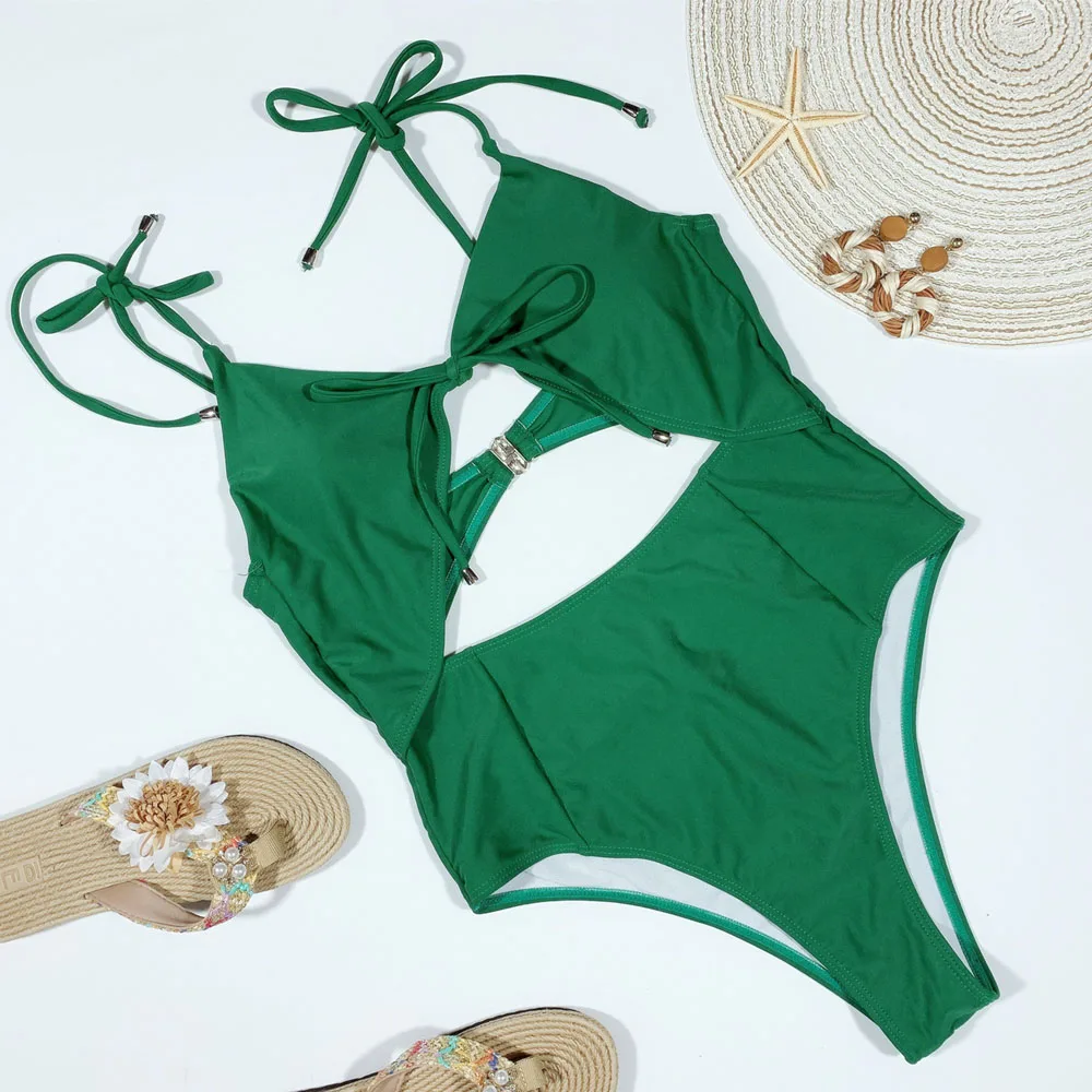 Новый сексуальный зеленый Бандаж с принтом женский купальник вырезами Цельный