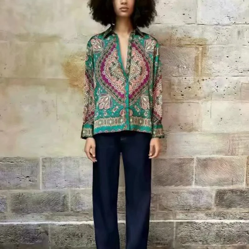 

Spring and autumn women's casual printed lapel long-sleeved shirt