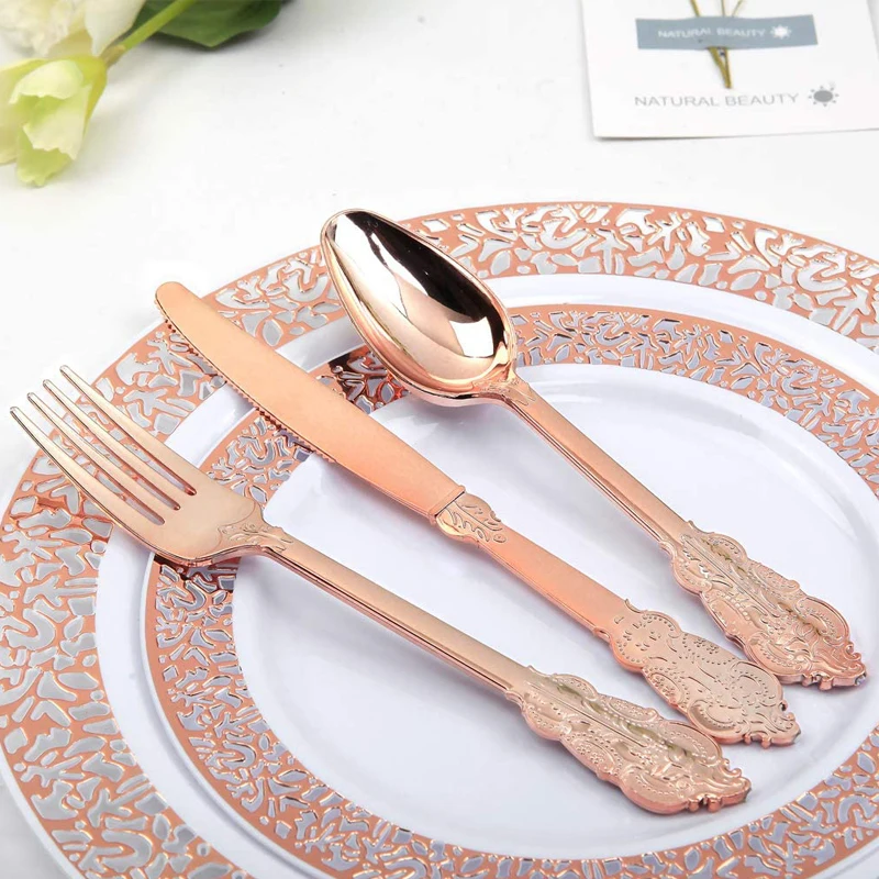 

75-300pcs Gold Plastic Silverware Disposable Rose Golden Cutlery Wedding Party Dinnerware set Birthday Christmas Decoration