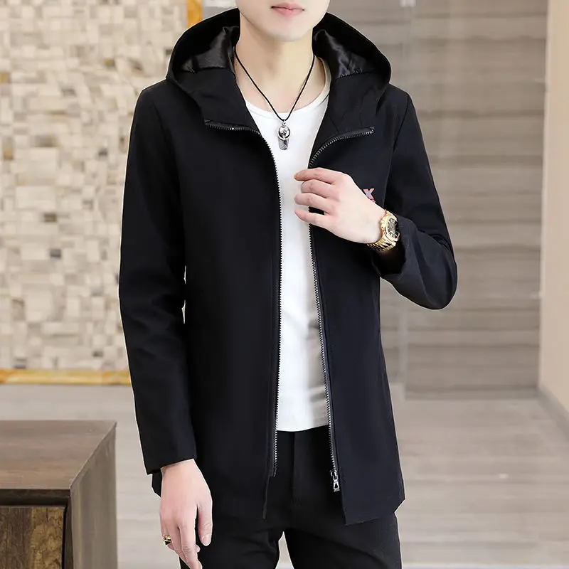 

Men's windbreaker spring autumn new loose oversized hooded medium length printed fat handsome versatile coat