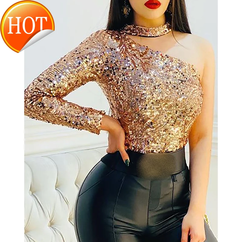 

One Shoulder Glitter Sequins Bodysuit Sequined Long Sleeve Bodysuit 2021 new